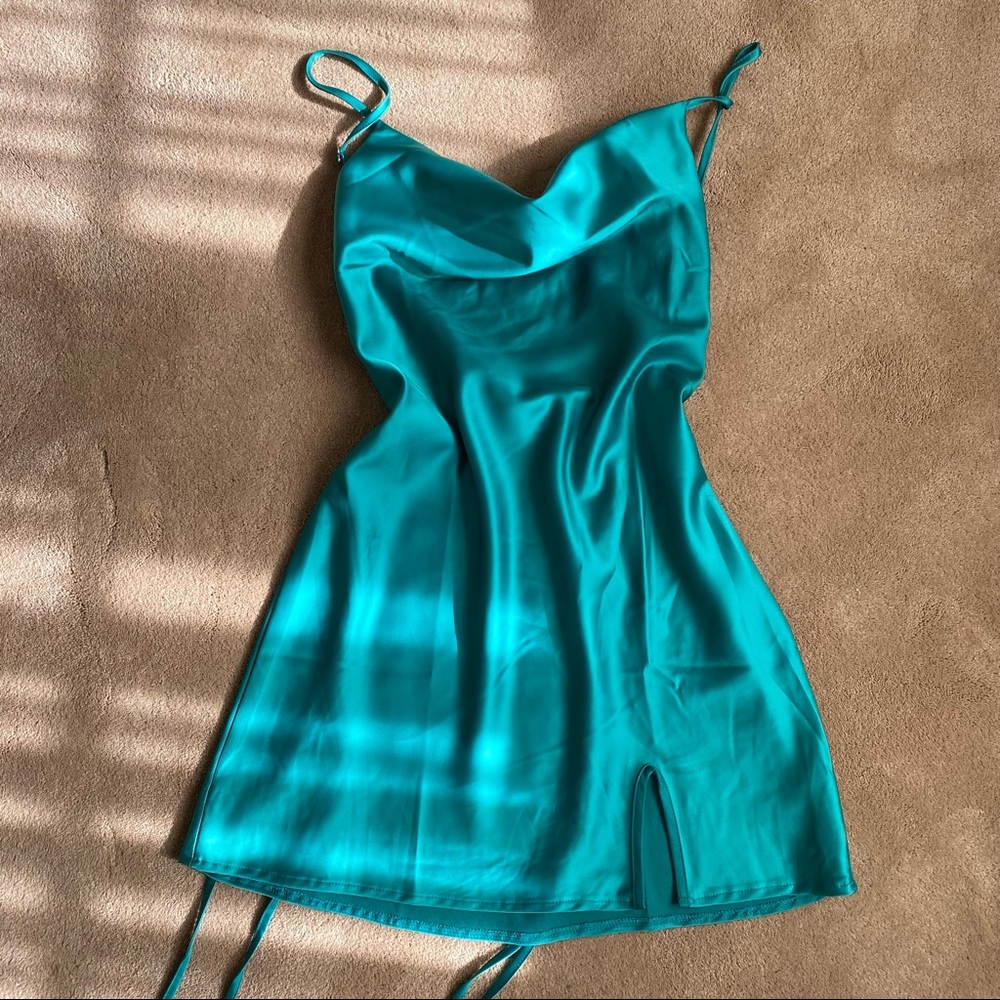 Satin teal green mini dress